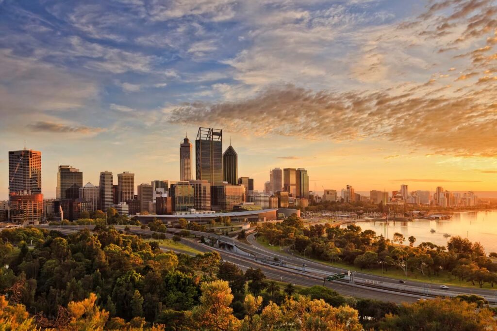 perth skyline with morning sky behind
