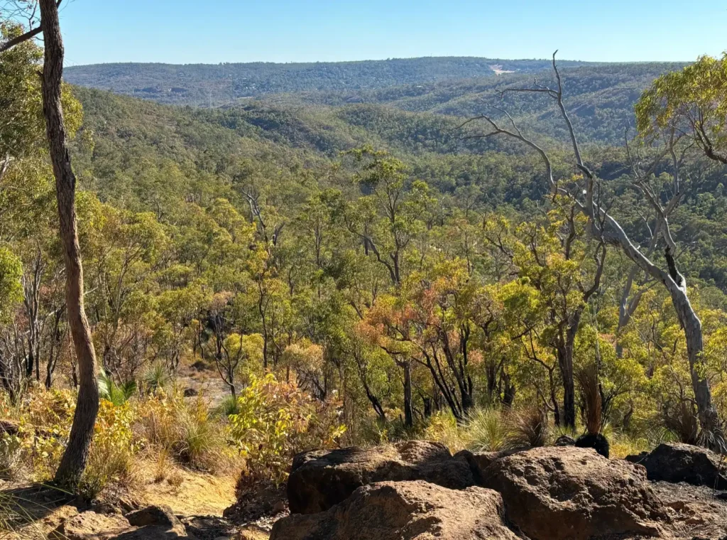 Outlook of Paulls Valley from the Jorgansen Park hiking trail in Kalamunda, Perth Hills Wa.