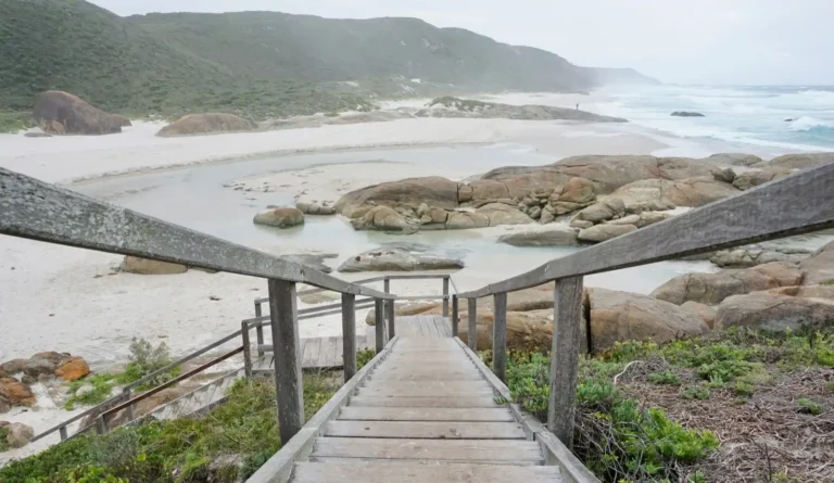 A wintry day on the cape to cape trail as seen from the wooden stairs leading to Margaret River beach.