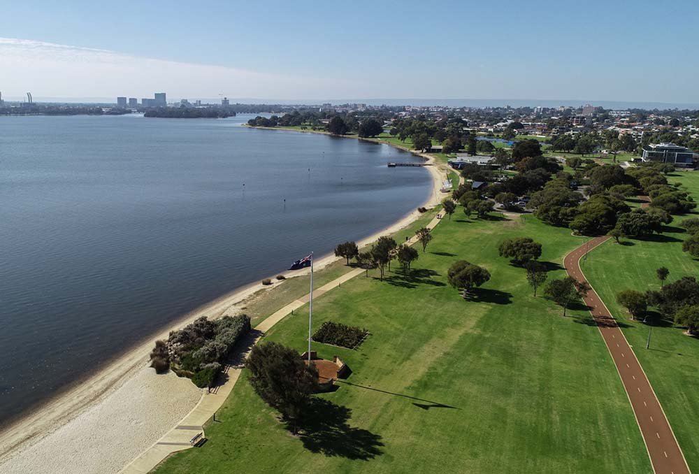 South Perth foreshore drone shot on a beautiful sunny day
