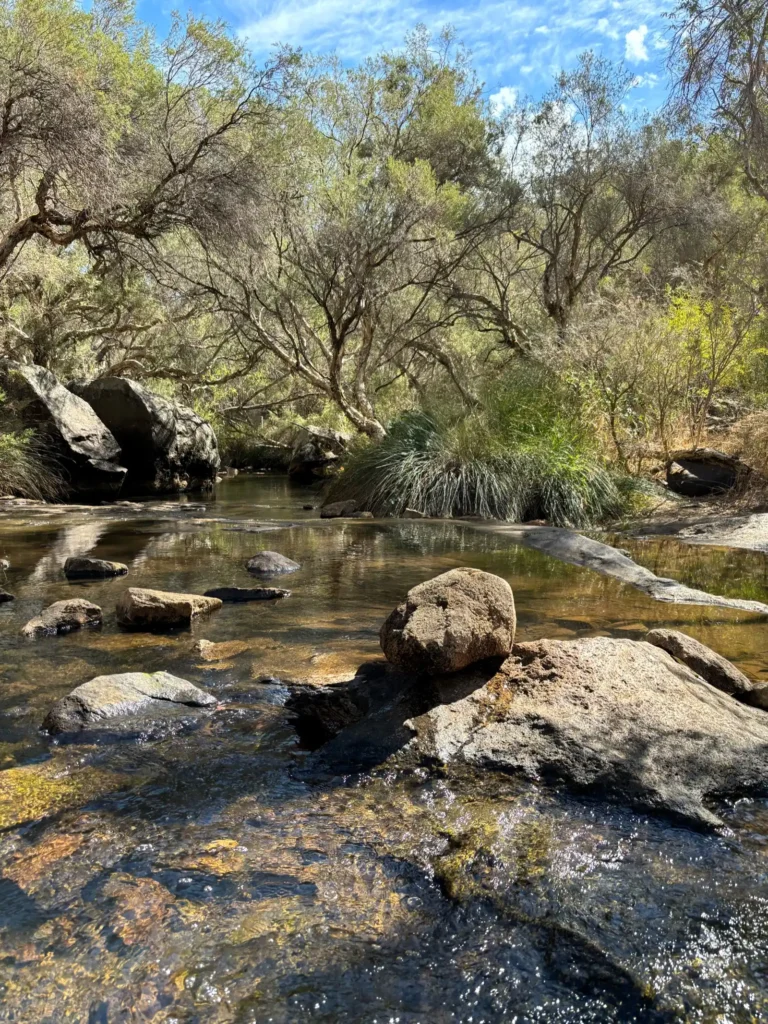 Rocky Pool hiking trail in the heart of the Perth Hills on a sunny blue sky day with stones in the middle of creek.