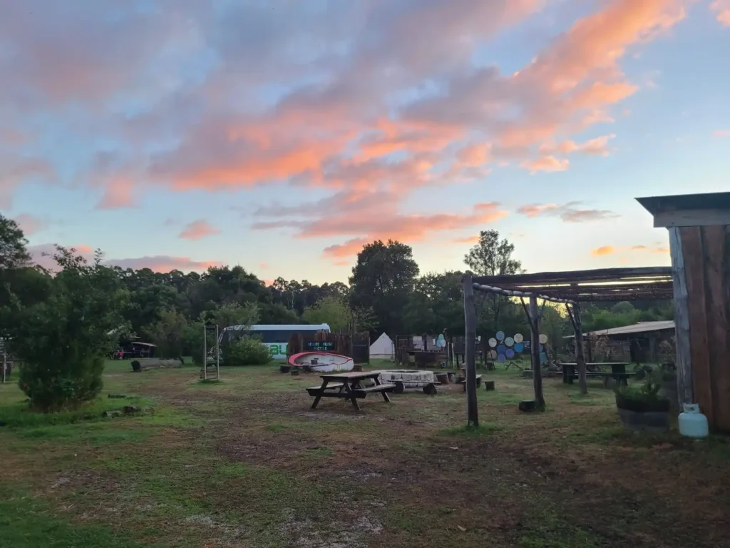 Fair Harvest campground in Margaret River, a permaculture farm under a cotton-candy sky in the early morning, dark grass patches with trees, fire pit and communal kitchen.