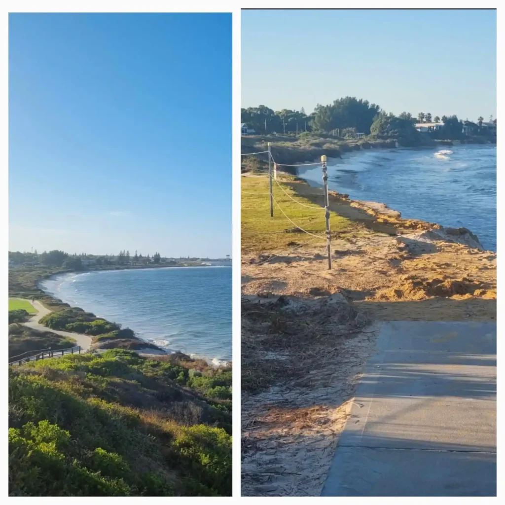 Side by side images of Lancelin coast before and after considerable erosion from rising sea levels and storms.