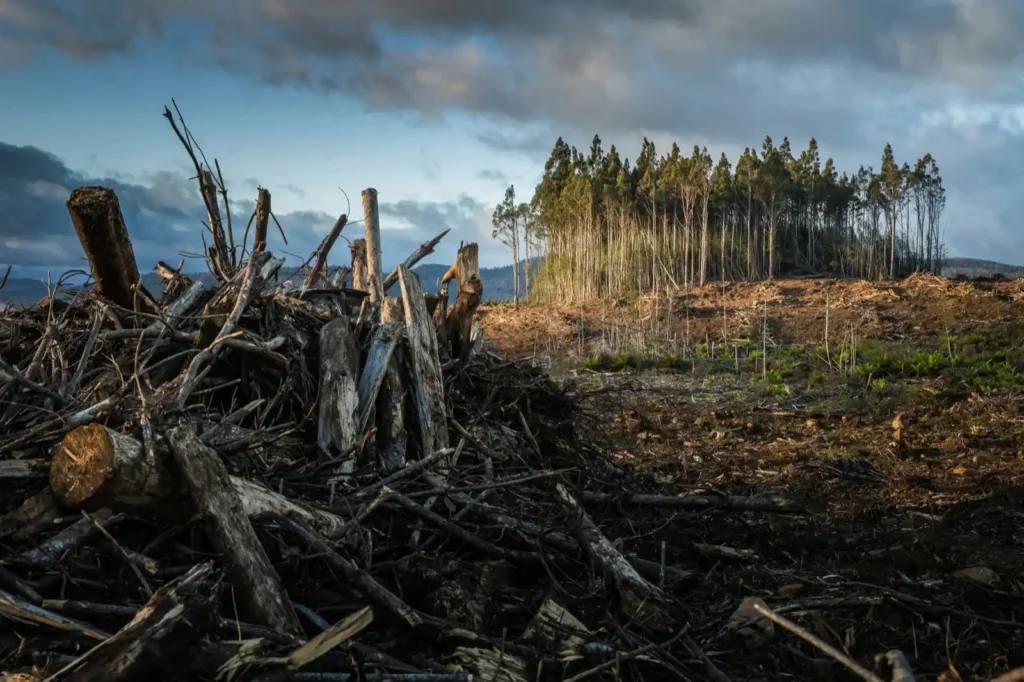 Image of tree stumps in old growth forest in Tasmania, decimated by loggers, with fragmentation evidenced in the small region of standing trees in background on a gloomy day.