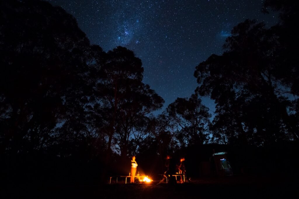 Overnight hiking at Conto's campground under the stars with bonfire around silhouette of trees.