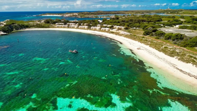 Boat parked for free in empty Rottnest Island bay.