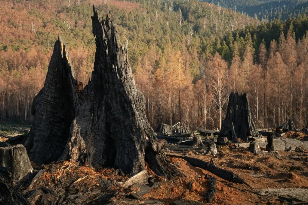 Ravaged old growth forest, with tree tops in background. 